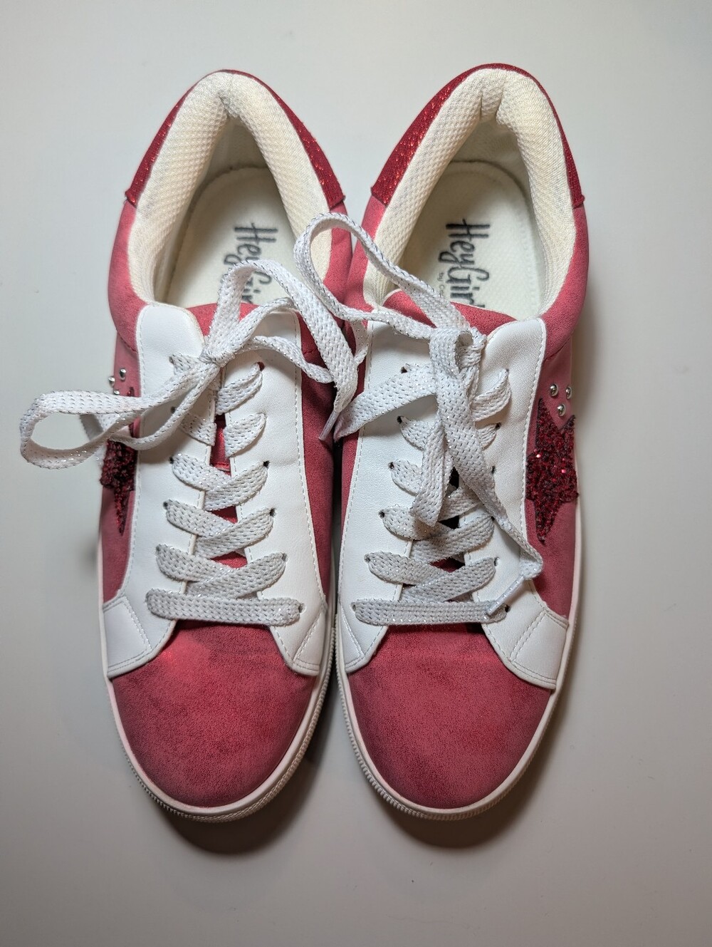 Hey Girl By Corkys Woman's Size 10 Pink & White Metallic Glitter Star Sneakers